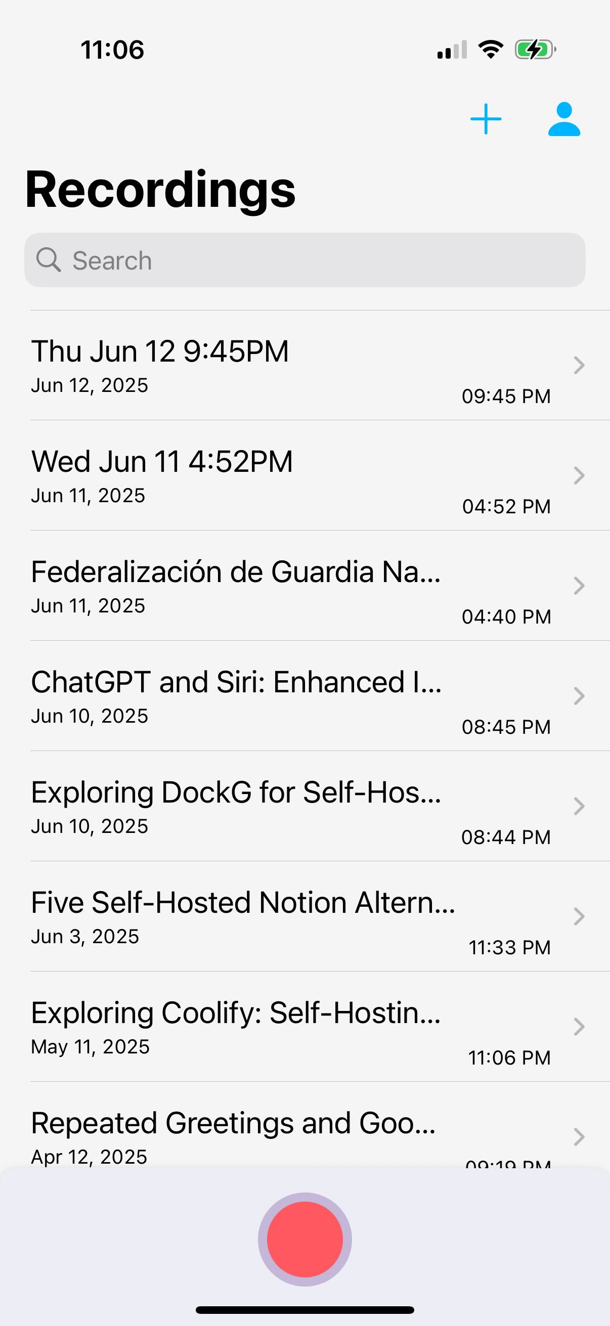 Tensha app showing a list of recordings.